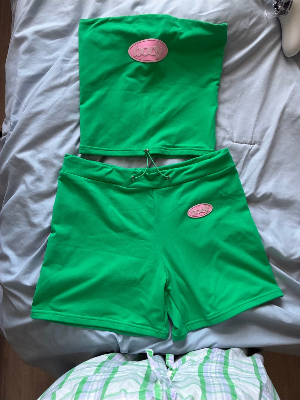 Neon Green Strapless Romper Set with Pink Logo